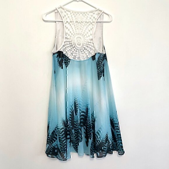 BEBE Blue Black White Feather Print Crochet Trim Sleeveless Mini Shift Dress XS - Picture 8 of 12